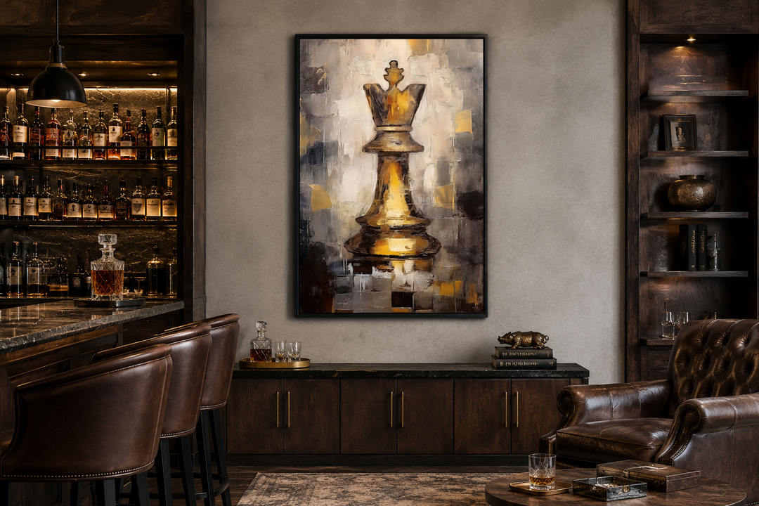 Chess King framed canvas wall art in a black and gold abstract style hanging in a modern office.