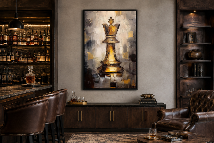 Chess King framed canvas wall art in a black and gold abstract style hanging in a modern office.