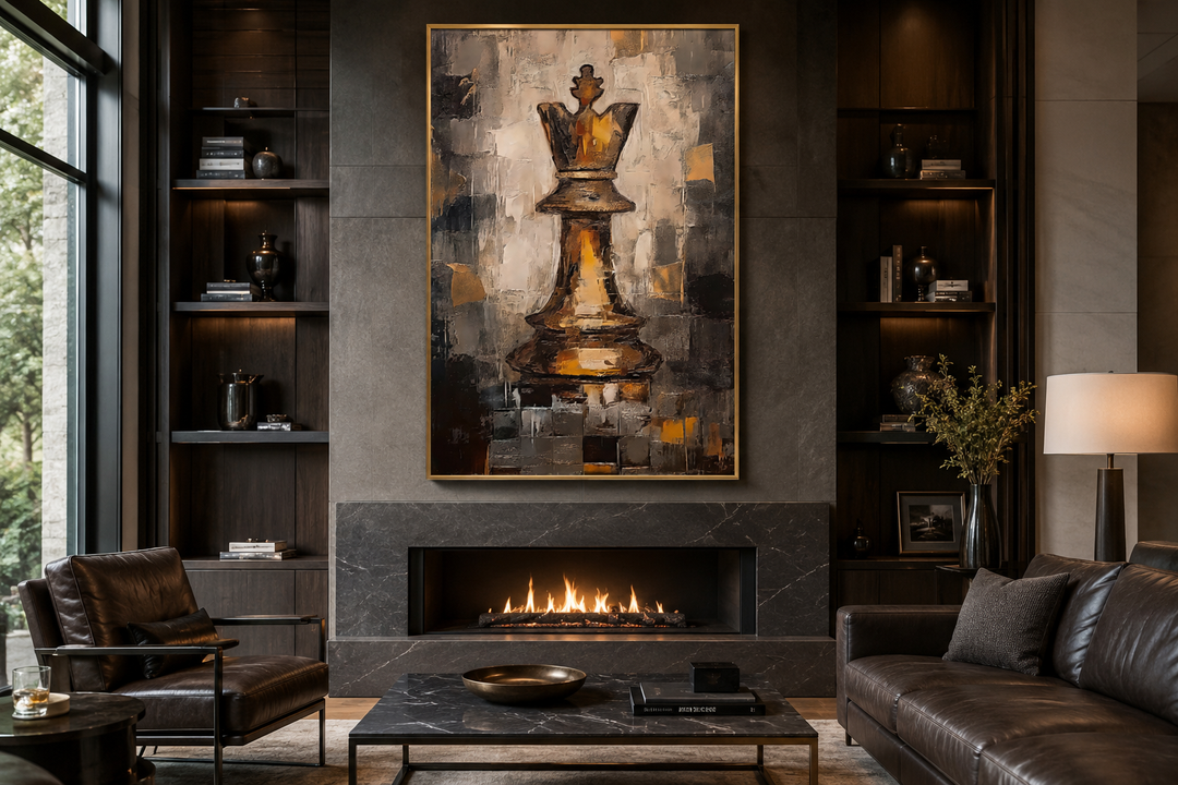Chess King framed canvas wall art in a black and gold abstract style above a modern fireplace.