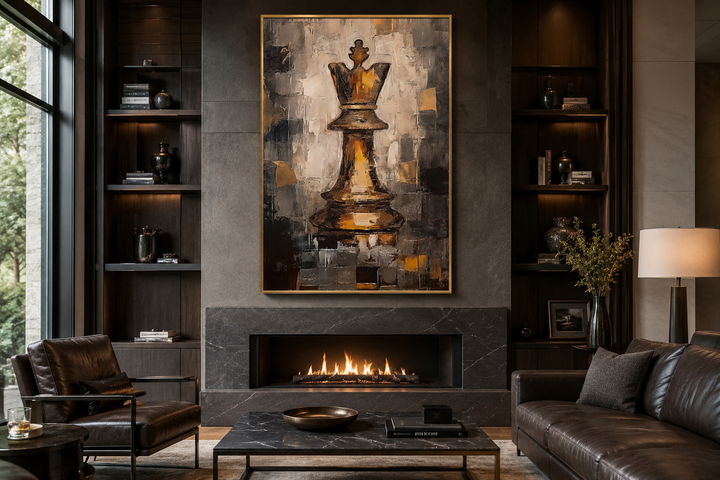 Chess King framed canvas wall art in a black and gold abstract style above a modern fireplace.