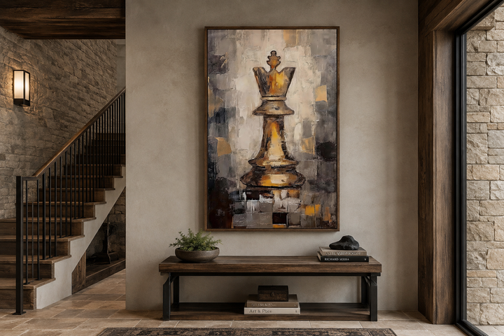 Abstract black and gold chess king framed canvas wall art in a modern entryway.
