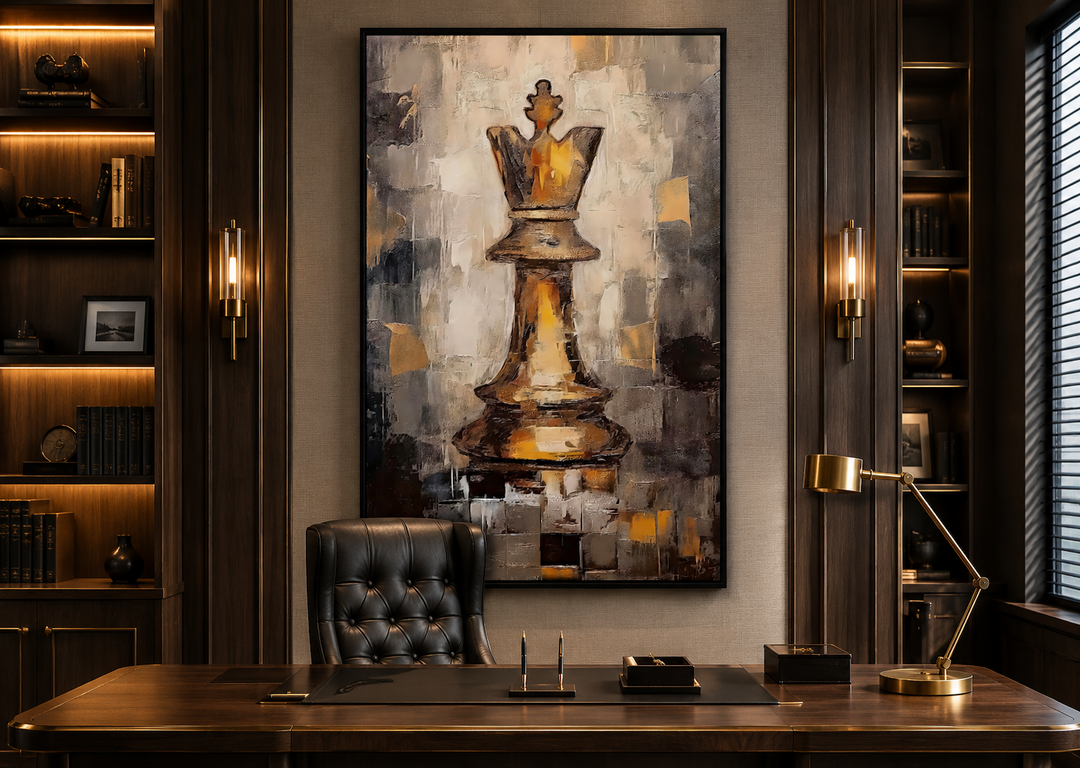 Abstract black and gold chess king framed canvas wall art hanging in a dark wood paneled office.
