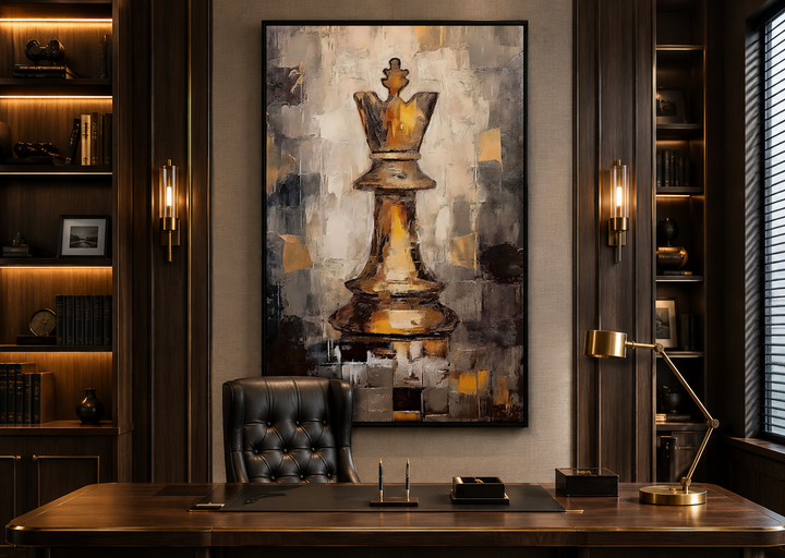 Abstract black and gold chess king framed canvas wall art hanging in a dark wood paneled office.