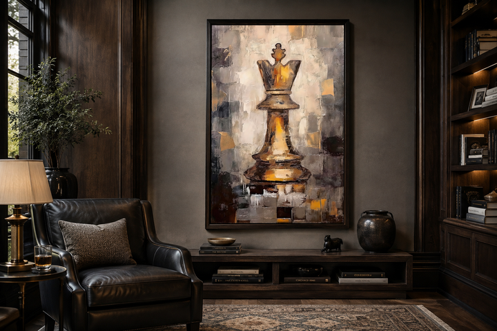 Framed abstract canvas wall art of a gold chess king in a dark, modern office setting.
