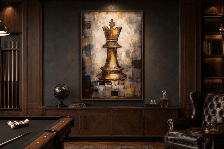 Framed abstract canvas wall art of a gold chess king in a dark, sophisticated office setting.
