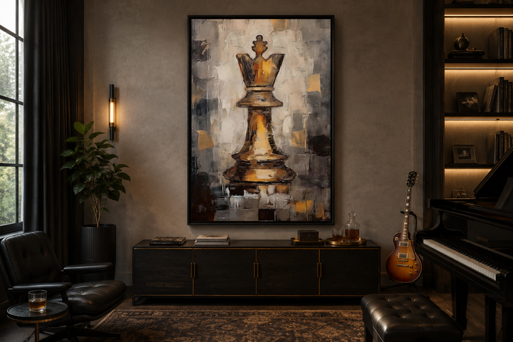 Large framed canvas wall art of a black and gold abstract chess king in a modern office setting.