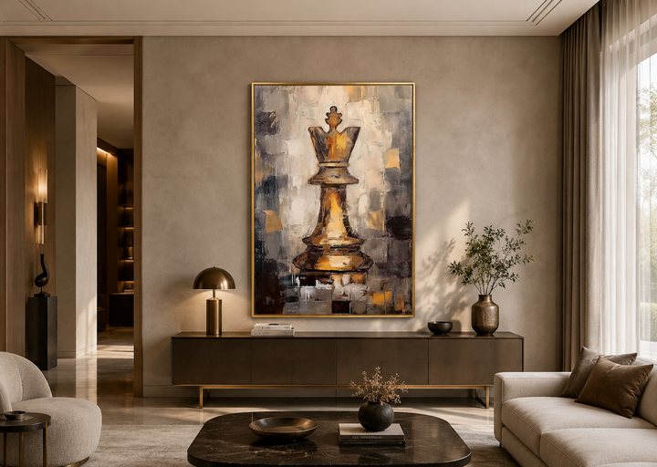 Chess King framed canvas wall art in black and gold abstract style above a console in a modern room.