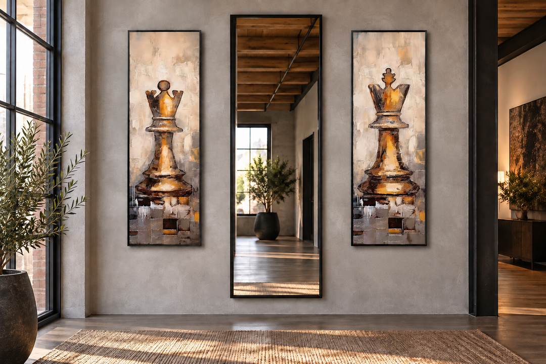 Vertical set of 2 canvas prints featuring a golden chess king and queen in a modern tall narrow frame