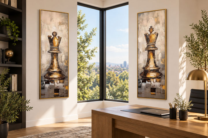 Vertical slim set of 2 canvas wall art featuring golden chess king and queen in an office setting.