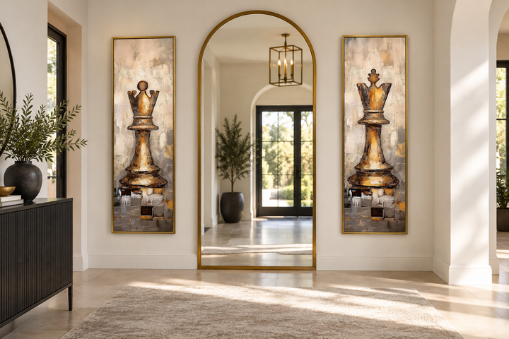 Vertical set of 2 canvas wall art featuring golden chess king and queen pieces in an entryway.