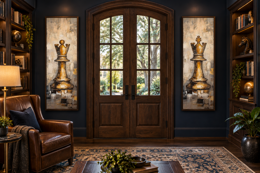 Vertical slim canvas wall art set of 2 featuring golden chess king and queen in a dark study.