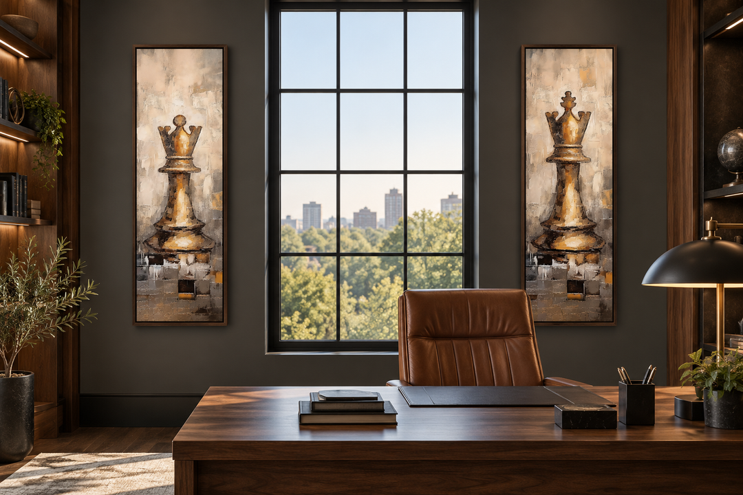 Vertical set of 2 canvas wall art featuring a golden chess king and queen in a modern office.