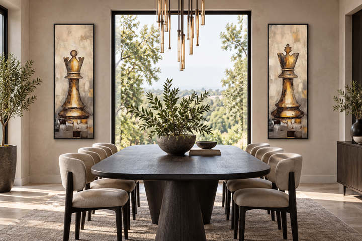 Vertical slim set of 2 canvas wall art featuring a golden chess king and queen in a dining room.