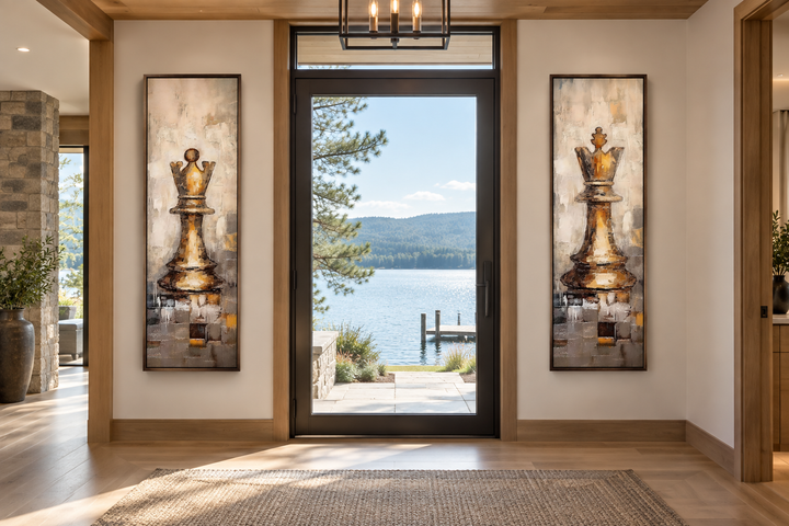 Vertical slim canvas wall art set of 2 featuring golden chess king and queen in a modern entryway.
