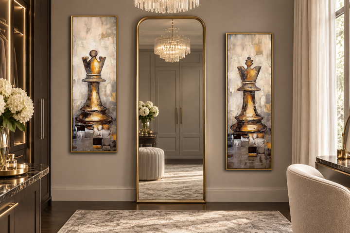 Vertical slim chess king and queen tall narrow set of 2 canvas wall art in a modern dressing room.