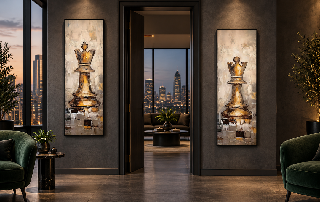 Vertical slim canvas wall art set of 2 featuring a golden chess king and queen in a modern room.