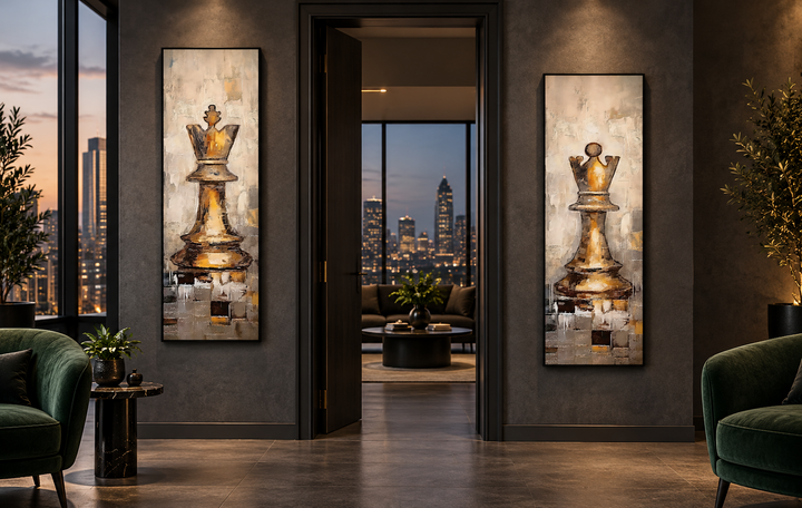 Vertical slim canvas wall art set of 2 featuring a golden chess king and queen in a modern room.