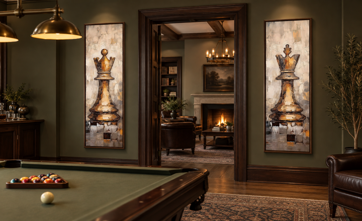 Vertical slim canvas wall art set of 2 featuring golden chess king and queen in a home game room.