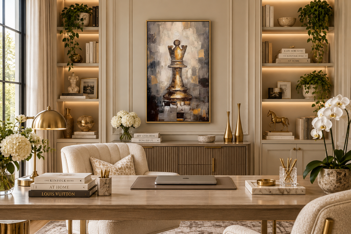 Abstract black and gold chess queen painting centered on a wall in a modern home office setting.