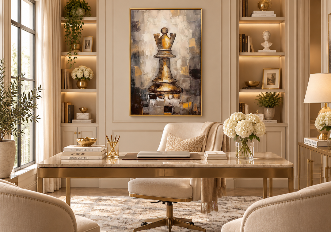 Abstract black and gold chess queen wall art hanging above a desk in a modern home office.
