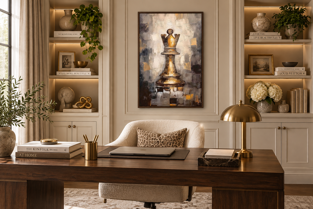 Abstract black and gold chess queen wall art hanging above a desk in a modern home office.