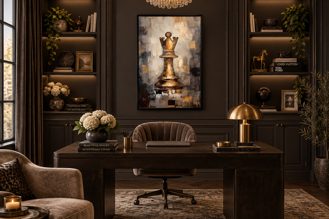 Abstract black and gold chess queen wall art displayed in a sophisticated home office setting.