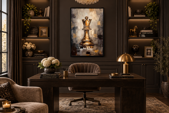 Abstract black and gold chess queen wall art displayed in a sophisticated home office setting.