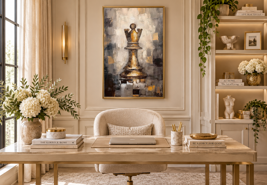 Abstract black and gold chess queen wall art in a gold frame above a modern desk in a home office.