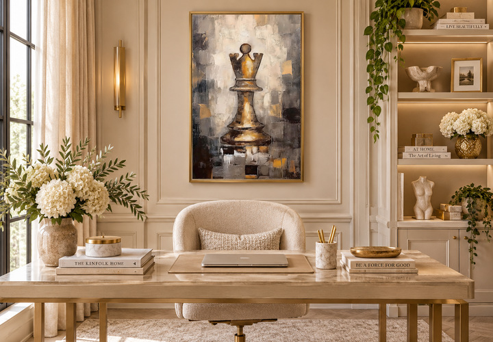 Abstract black and gold chess queen wall art in a gold frame above a modern desk in a home office.
