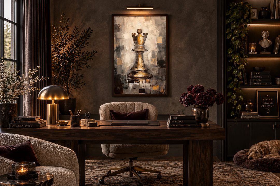Abstract black and gold chess queen wall art hanging above a wooden desk in a dark, modern office.