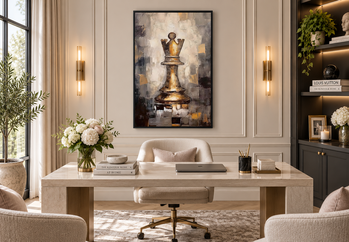 Abstract black and gold chess queen wall art hanging in a modern home office above a marble desk.