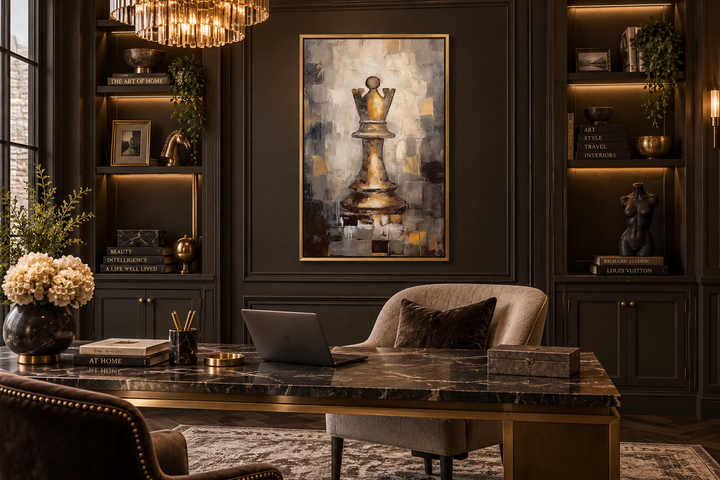 Abstract black and gold chess queen canvas wall art in a sophisticated home office setting.