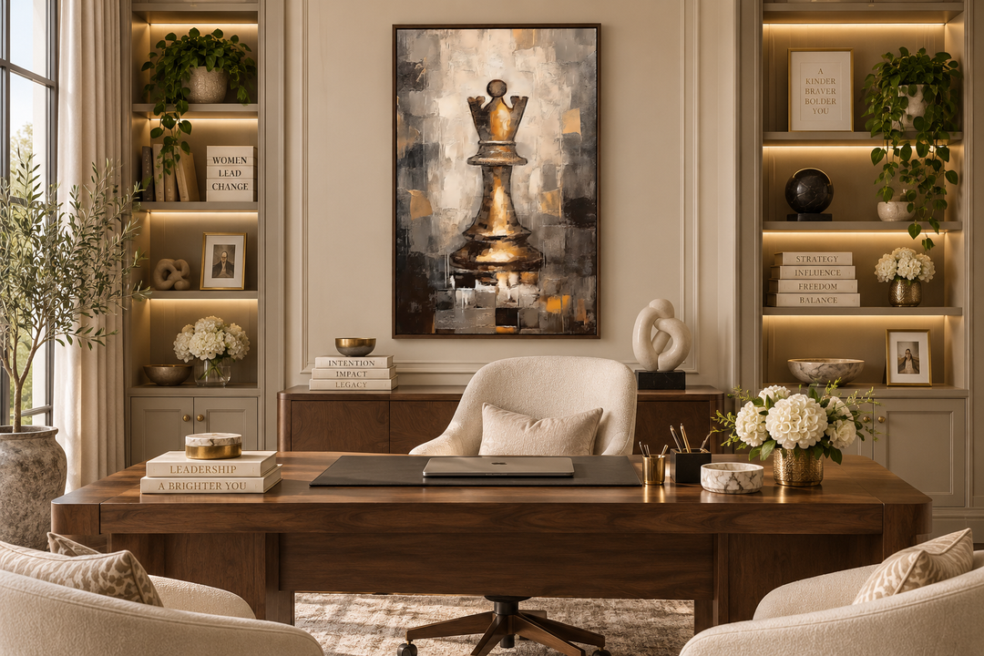 Chess Queen Black Gold Abstract Feminist Wall Art hanging in a sophisticated home office.