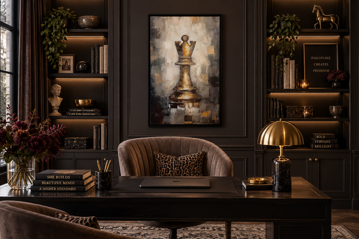 Abstract black and gold chess queen wall art hanging in a sophisticated home office setting.