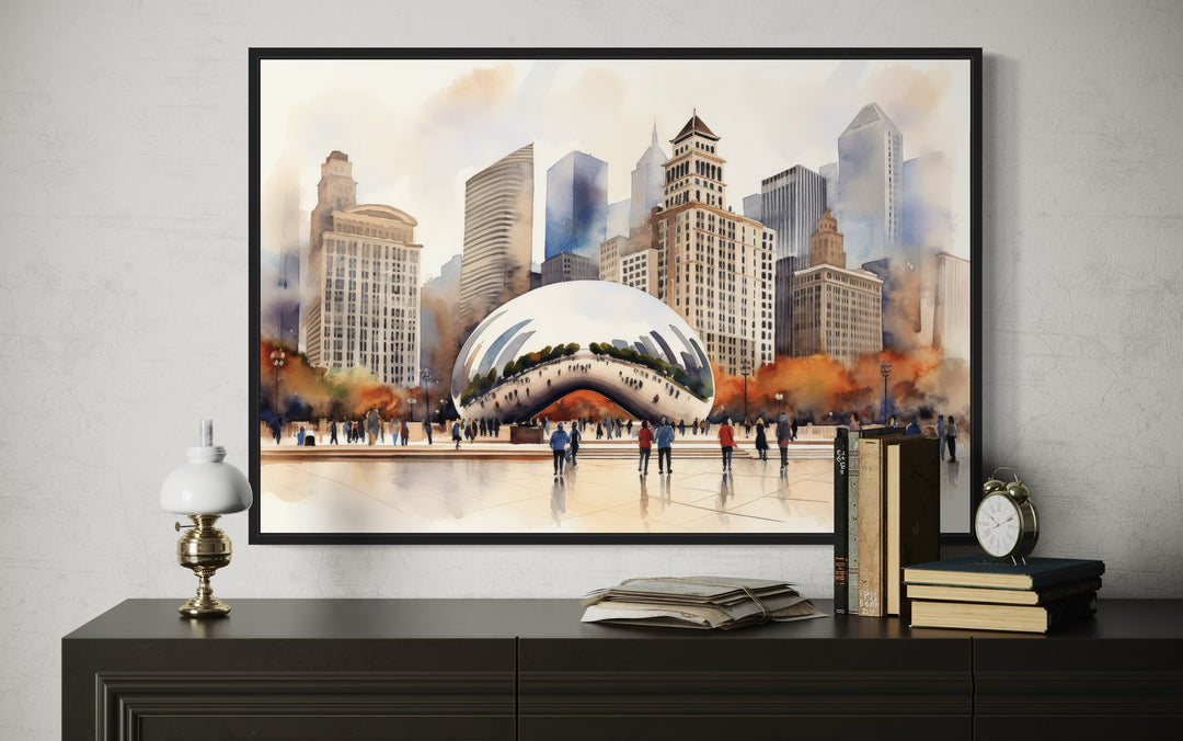 Chicago Cloud Gate The Bean Watercolor Framed Canvas Wall Art