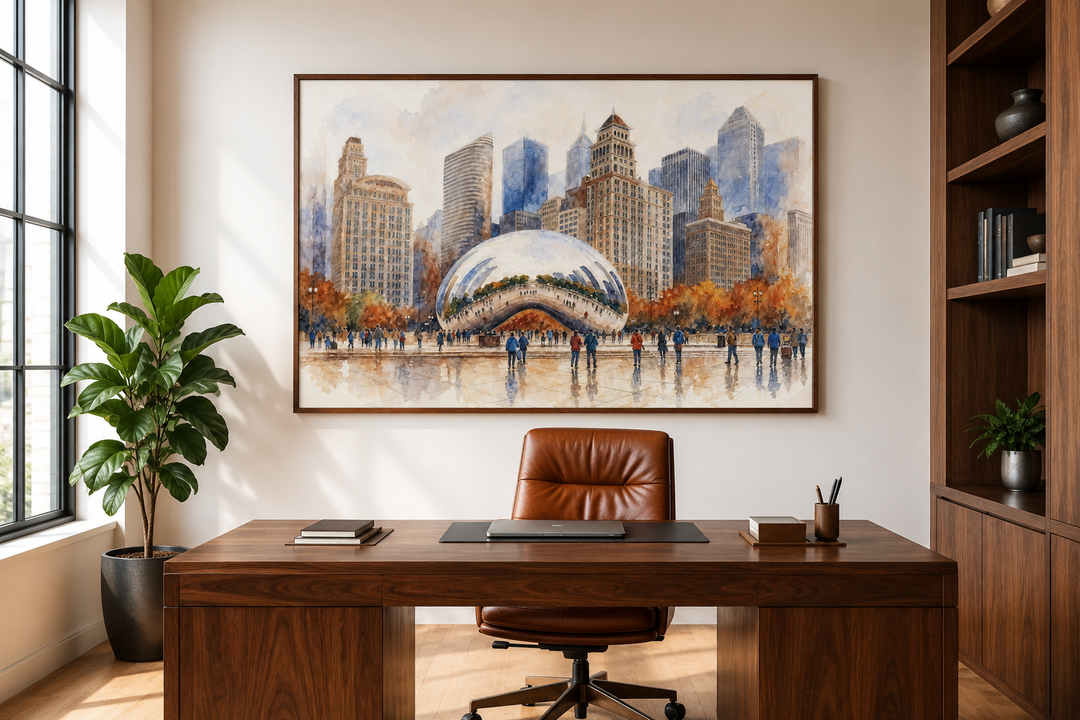 Chicago Cloud Gate The Bean watercolor framed canvas wall art hanging in a modern office.