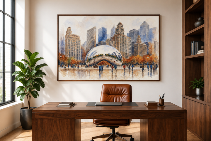 Chicago Cloud Gate The Bean watercolor framed canvas wall art hanging in a modern office.