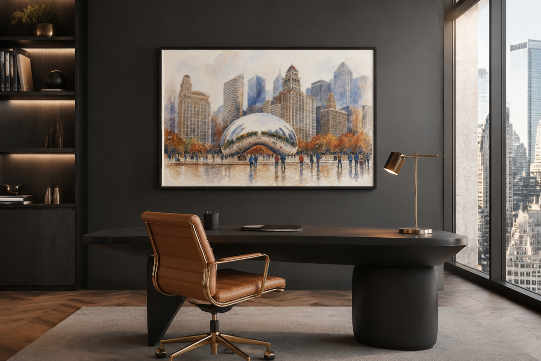 Chicago Cloud Gate The Bean watercolor framed canvas wall art above a modern black desk in an office.