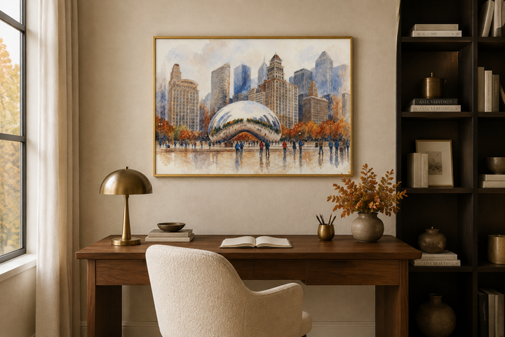 Chicago Cloud Gate watercolor framed canvas wall art above a wooden desk in a modern office.