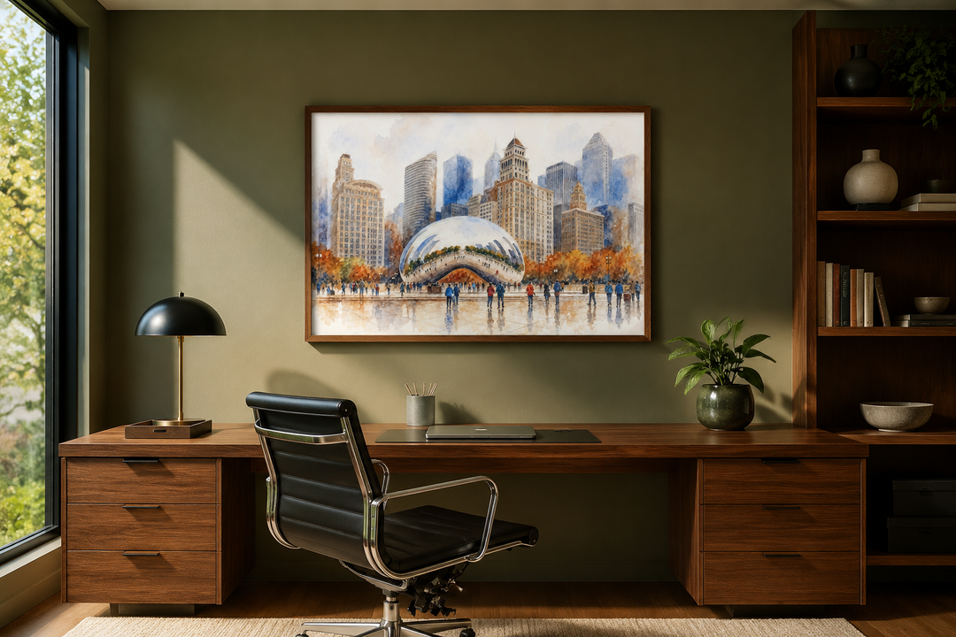 Watercolor framed canvas of Chicago's Cloud Gate and skyline above a wooden desk in a home office.