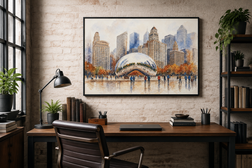 Chicago Cloud Gate watercolor framed canvas wall art hanging above a desk in a modern home office.