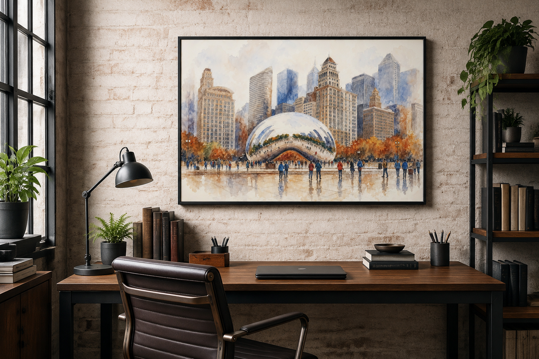 Chicago Cloud Gate watercolor framed canvas wall art hanging above a desk in a modern home office.