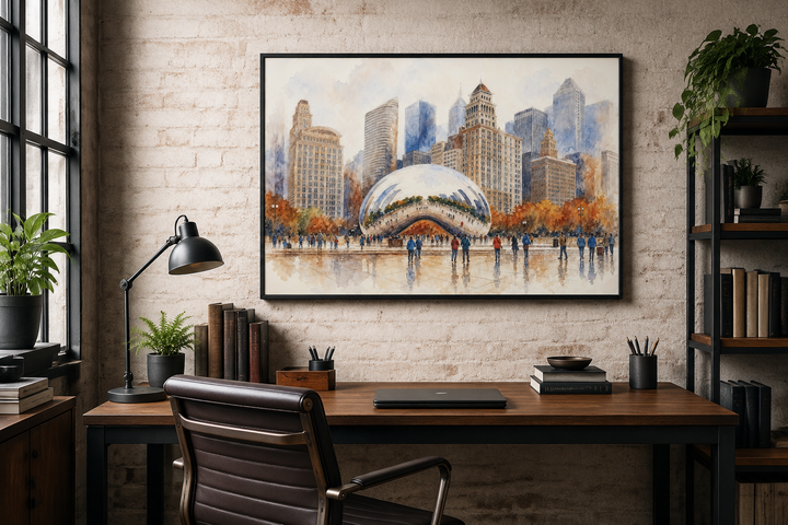 Chicago Cloud Gate watercolor framed canvas wall art hanging above a desk in a modern home office.