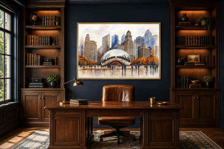 Chicago Cloud Gate watercolor framed canvas wall art hanging in a dark-walled home office.