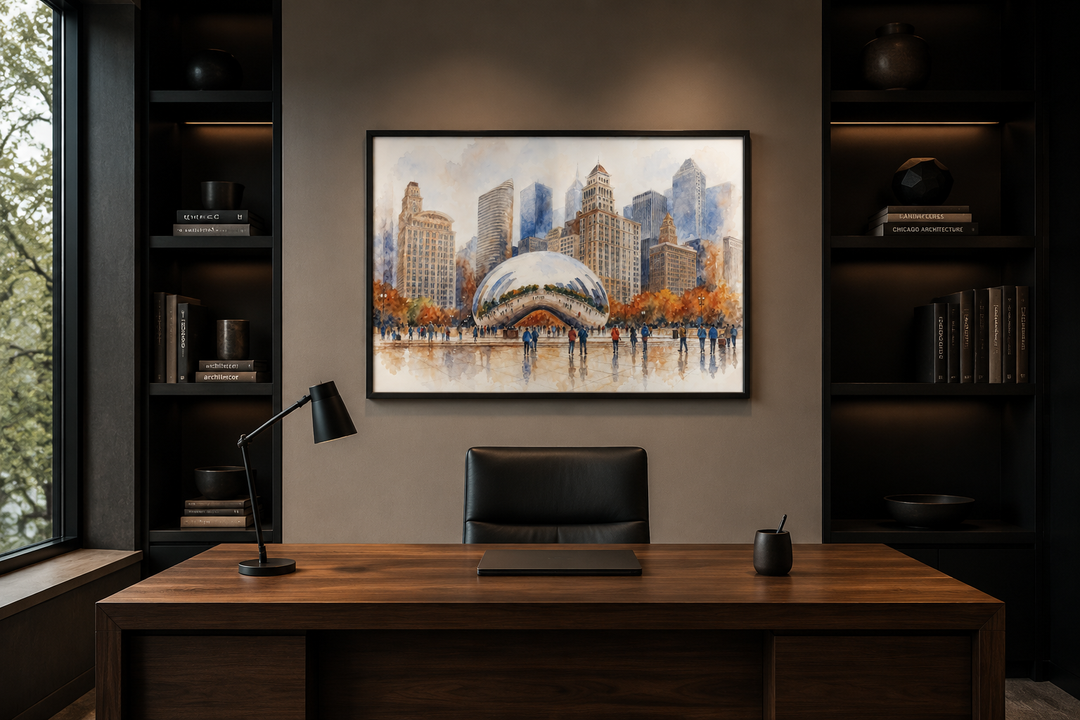 Chicago Cloud Gate The Bean watercolor framed canvas wall art hanging above a modern office desk.