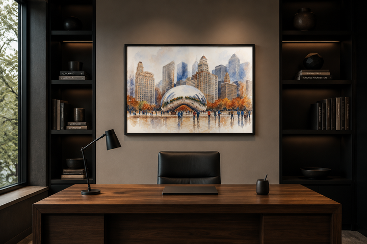 Chicago Cloud Gate The Bean watercolor framed canvas wall art hanging above a modern office desk.