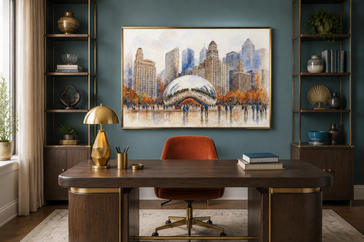 Chicago Cloud Gate The Bean watercolor framed canvas wall art hanging in a modern home office.