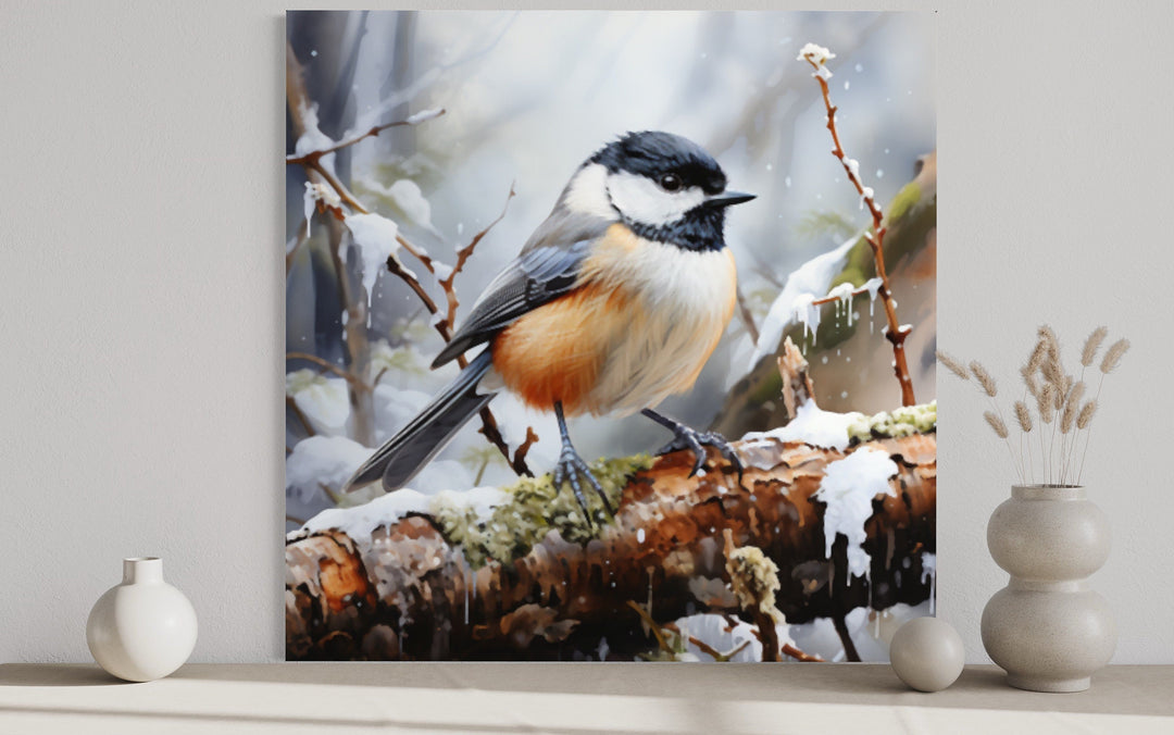 Chickadee In Snow Winter Framed Canvas Wall Art