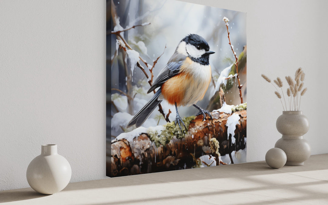 Chickadee In Snow Winter Framed Canvas Wall Art