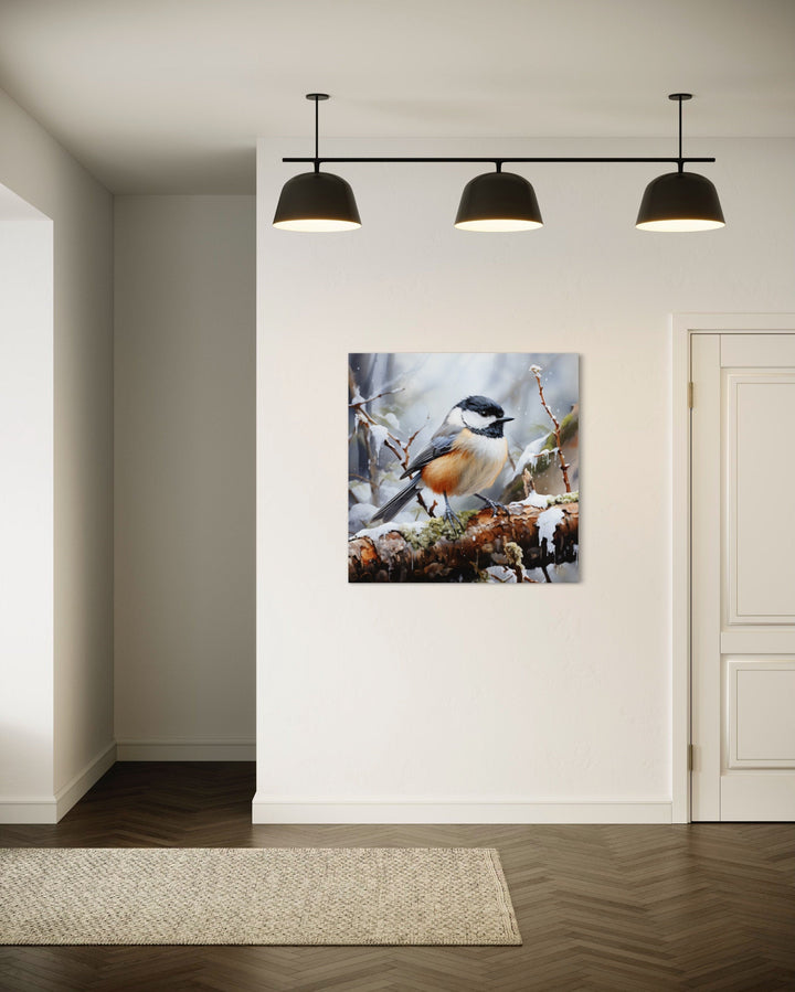 Chickadee In Snow Winter Framed Canvas Wall Art